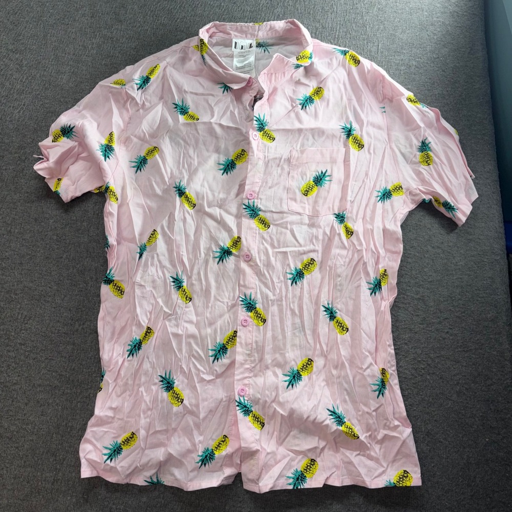 IML Mens Pink Pineapple Print Short Sleeve Button Up Shirt Size Large NWT